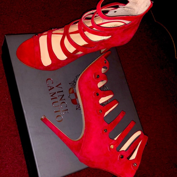 Vince Camuto Shoes - Vince Camuto Suede Open Toe Heels (Pop Red True) Size 8.5M